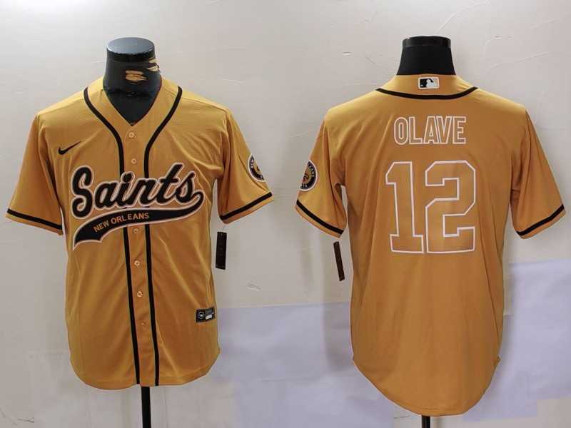 Men%27s New Orleans Saints #12 Chris Olave Gold Cool Base Stitched Baseball Jersey
